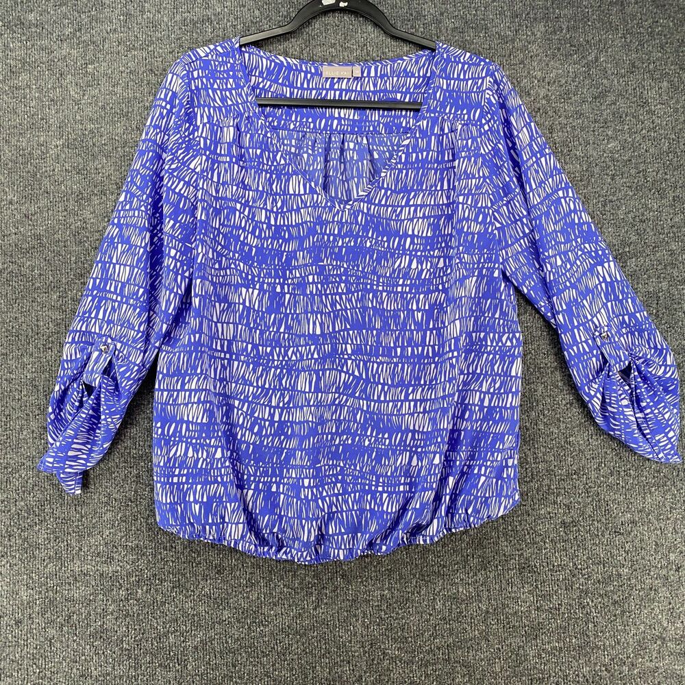 Ellie Kai Top Womens 14 100% Silk Tunic Blue White V-Neck Beachy Resort Coastal‎